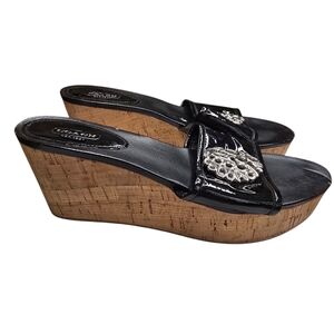 Coach Judith Black Silver Hardware Cork Peep Toe Wedges 9.5B